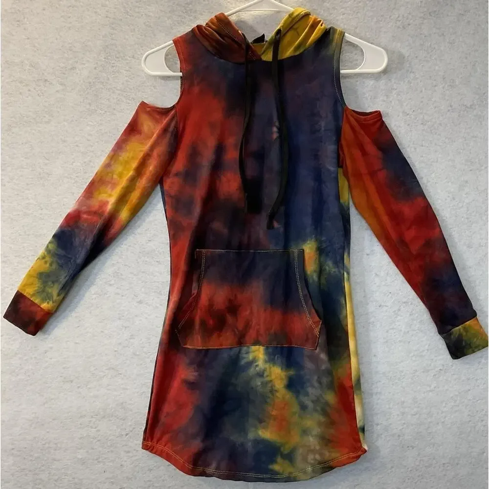 Tove Dress Womens Small Multicolor Tie Dye Hooded‎ Cold Shoulder Fleece Mini